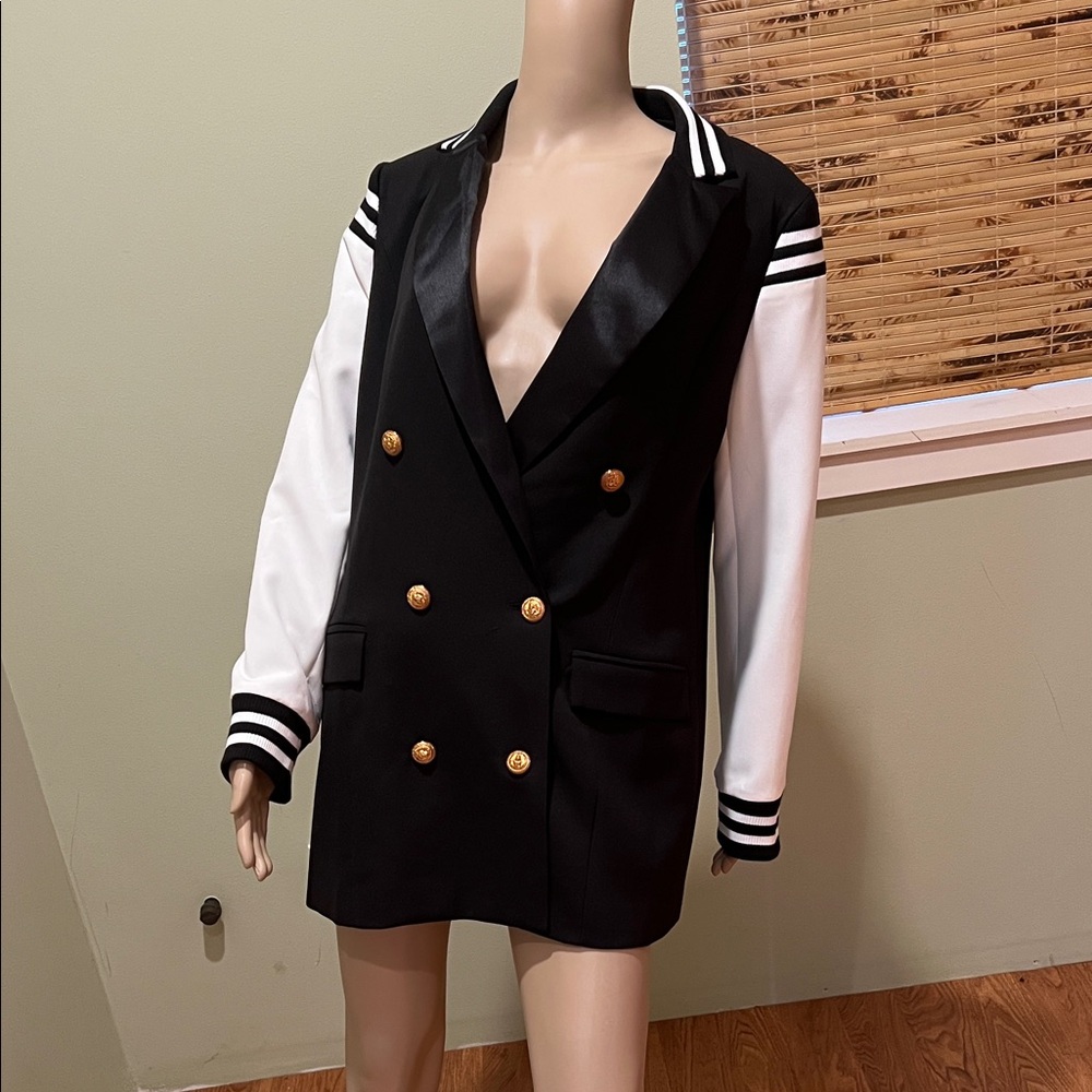 Akira Black and White Double-Breasted Blazer with Gold Buttons